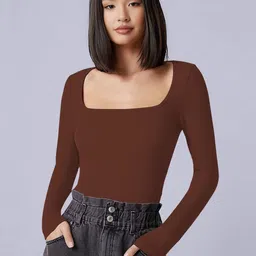 Maheshvi Sakira Women Ribbed Square Neck Long Sleeves Fitted Top-picture-13