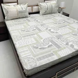 Pure Decor Green & Grey Ethnic Motifs 350 TC King Bedsheet with 2 Pillow Covers-picture-40