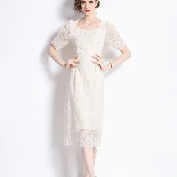 JC Collection Women Ethnic motifs Self Design Puff Sleeve A-Line Midi Dress image 3