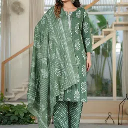 ARANGETRAM Women Floral Embroidered Regular Mirror Work Pure Cotton Kurta with Trousers & With Dupatta-picture-28