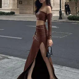 StyleCast Brown Off Shoulder Fitted Crop Top image 3