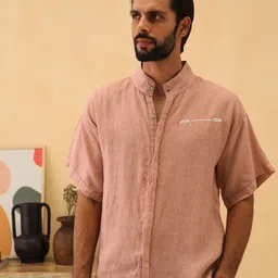 PRIMAL GRAY Men Oversized Fit Band Collar Solid Linen Casual Shirt-picture-28