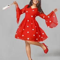 LADY SHOPI Polka Dot Embroidered Bell Sleeve Georgette Fit & Flare Dress-picture-18
