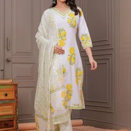 SARAI CREATIONS Women Floral Printed Regular Pure Cotton Kurta with Trousers & With Dupatta-image-65