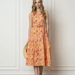 Zenava by Myntra Women Floral Printed Shirt Collar Fit & Flare Cotton Midi Dress-picture-11