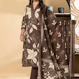 Readiprint Floral Printed V-Neck Pure Cotton Straight Kurta With Trousers & Dupatta image 2