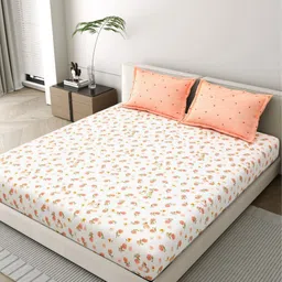 DREAM WEAVERZ Peach-Coloured & Pink Floral 260 TC King Bedsheet with 2 Pillow Covers image 4