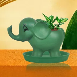 LASAKI Jumbo Green & Black Elephant Shaped Ceramic Planter With Plate image 3