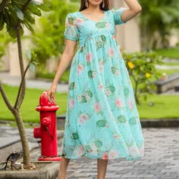 Rujave Floral Printed Applique Georgette Midi Fit and Flare Dress-image-9