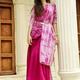 QISSA Tie Dye V-Neck Three-Quarter Sleeves Sequined Kurti With Palazzos & Dupatta-image-15
