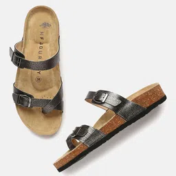 HF JOURNEY Women Leather Textured Open Toe Flats with Buckles-picture-17