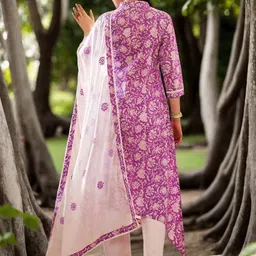 Anouk Floral Printed Band Collar A-Line Pure Cotton Kurta With Palazzos And Dupatta image 5