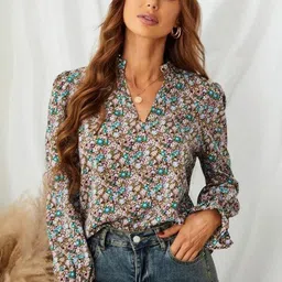 Stylecast X Slyck Floral Print Mandarin Collar Puff Sleeve Ruffles Top-picture-17