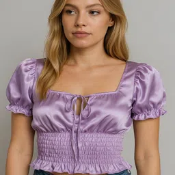 LA CHIC PICK Women Puff Sleeve Smocked Satin Crop Top-picture-14