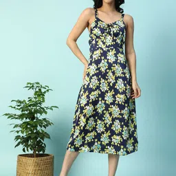 Oxolloxo Women Floral Print V-Neck With With Tie-Up Shoulder Strap A-Line Satin Dress-image-76