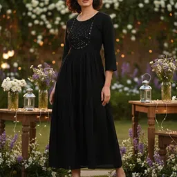 CORSICA Women Embellished Round Neck Sequined Cotton Fit & Flare Midi Dress-image-97