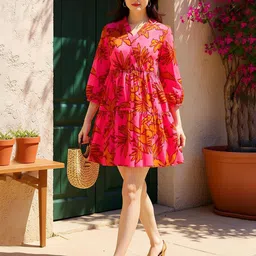 ZUMMER Women Floral Printed Puff Sleeve Cotton Wrap Mini Dress-picture-12