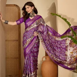 Sangria Violet Silk Blend Printed Sarees image 4
