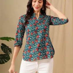 HERE&NOW Women Cotton Floral Printed Mandarin Collar Top-picture-41