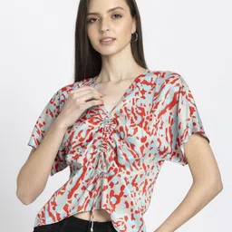 SHAYE Women Beige V-Neck Printed Short Sleeves Casual Tops-picture-20