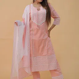 HERE&NOW Embroidered Thread Work Pure Cotton Straight Kurta With Trousers & Dupatta image 5