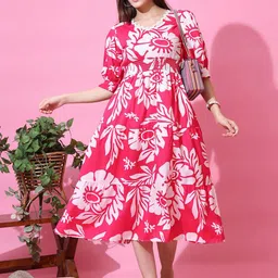 De La Moda Women Floral Printed Crepe Tiered Fit & Flare Midi Dress image 4