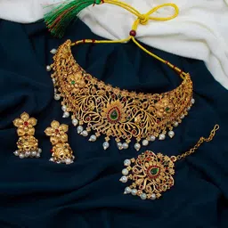 NAGNESHI ART Gold-Plated Artificial Stone-Studded & Beaded Temple Jewellery Set image 2