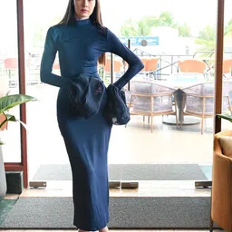 ODETTE Women Bell Sleeve Blue Lycra Solid Bodycon Maxi Dress-image-38