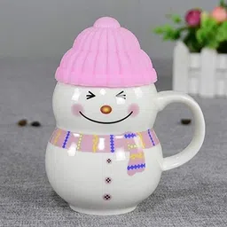 creative ceramic Ceramic Snow Man With Silicon Lid Cover(1 Piece) For Kids 350 ml (Pink) Ceramic Coffee Ceramic Coffee Mug image 2