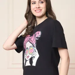 fabflee Women Printed Round Neck Pure Cotton Black T-Shirt image 3