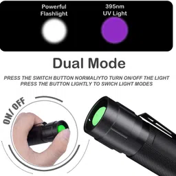 techzere Aluminium UV Led Torch 2 in 1 Bright Normal Flashlight & 395nm zoomable UV Light Torch image 2