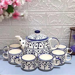 aav world Pack of 7 Ceramic blue dot kettle set with doted cup image 3