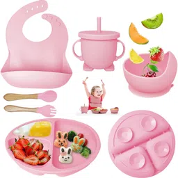 samvat 6 pcs Silicone Baby Feeding Set– Suction Bowl & Plate,Bib,Spoon, Fork, Sippy Cup - BPA Free -Silicone-picture-11