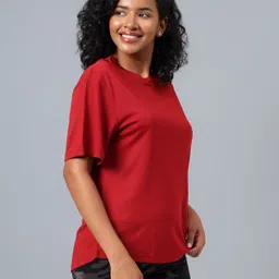 dida Women Solid Round Neck Polyester Red T-Shirt image 3