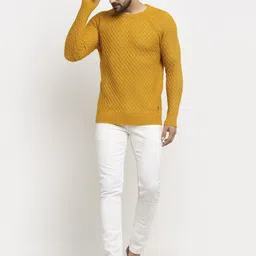 club york Men Solid Round Neck Yellow Sweater image 5