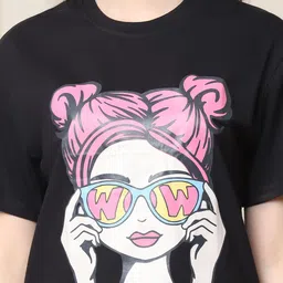 fabflee Women Printed Round Neck Pure Cotton Black T-Shirt image 4