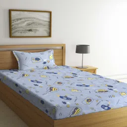 arrabi Grey Cartoon Printed 300 TC Cotton Blend Single Bedsheet with 1 Pillow Cover image 1