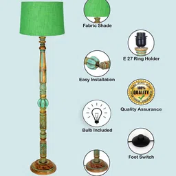 homesake Royal Carving Wooden Floor Lamp with Fabric Green Shade, Antique Algae Finish image 4