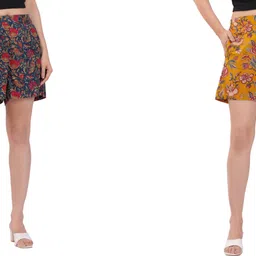 aanvikurti Pack of 2 Printed Women Dark Blue, Yellow Regular Shorts-picture-14