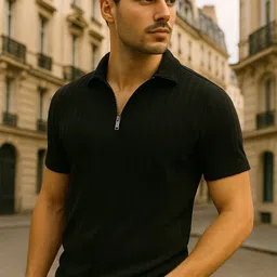 metronaut Solid Men Zip Neck Polycotton Black T-Shirt image 3