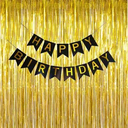zuzu collection Black, Golden (Set-1) Golden foil Curtains+Happy Birthday Black Banner Decoration (Pack of 2)-picture-17