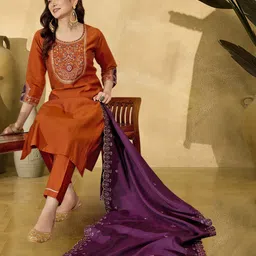 KVSFAB Rust Orange Roman Silk Zari Sequence Thread Work Kurta Pant Dupatta Embroidered Kurta, Trouser/Pant & Dupatta Set-picture-21