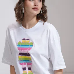 tokyo talkies Women Self Design Round Neck Pure Cotton White T-Shirt-picture-23