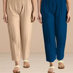 fabricalign Pack of 2 Women Relaxed Beige, Blue Crepe Trousers-picture-10