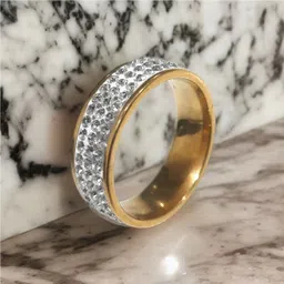 AD Studded Gold Plated Limited Edition Gold Finger Ring Stainless Steel Black Silver Plated Ring Set-image-7