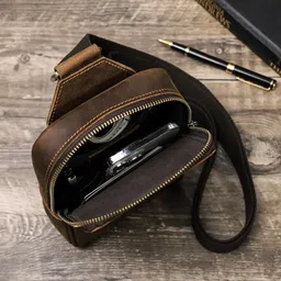 contacts Full Grain Leather Sling Bag for Men - Small Crossbody Chest Bag | Stylish Shoulder Daypack Travel Phone Purse Side Bag (Hunter Brown) image 2