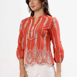 schifley Casual Regular Sleeves Embroidered Women Orange Top image 4