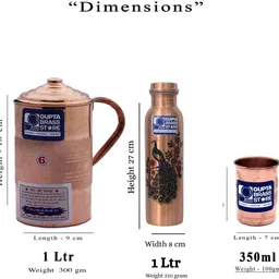 gupta brass store Pure Copper Water Jug 1L with (Peacock Design) 1L Bottle & 350ml Glass Jug Bottle Glass Set image 2
