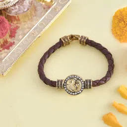 Rudraksh Om Leather Bracelet Style Rakhi Assorted Chawal Roli Pack Set-image-10