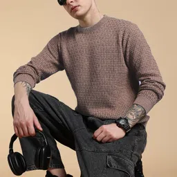 freaks Men Solid Round Neck Brown Sweater image 1